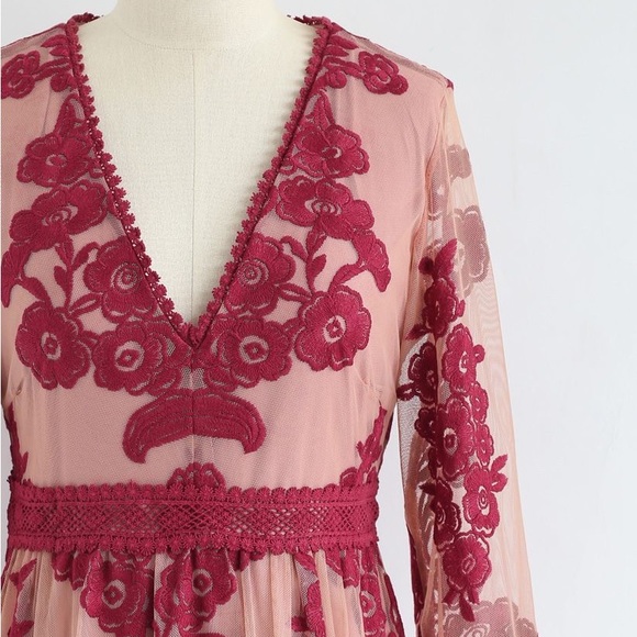 Chicwish V-Neck Floral Embroidered Mesh Maxi Dress in Wine - Picture 5 of 9